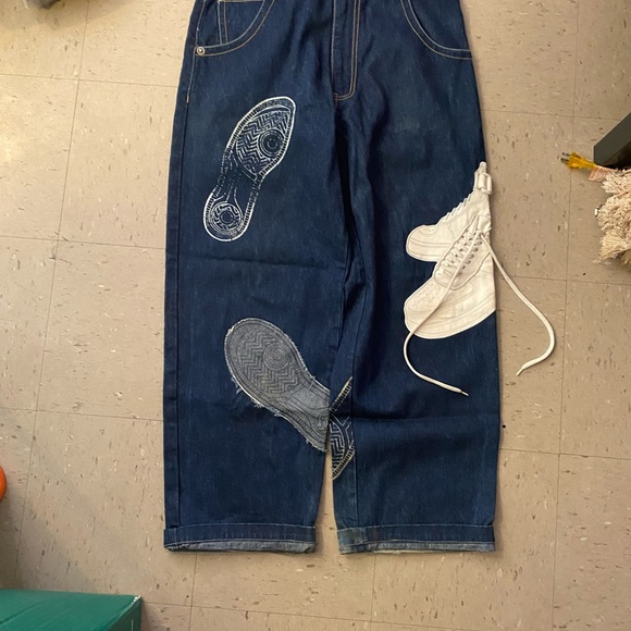 VTG Y2K basic code embroidered baggy distressed skater streetwear jeans 38/32 - Picture 5 of 12